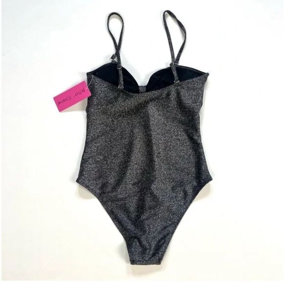 Betsey Johnson Black Metallic Center Front Knot One Piece Swimsuit. Size S New - Picture 2 of 5